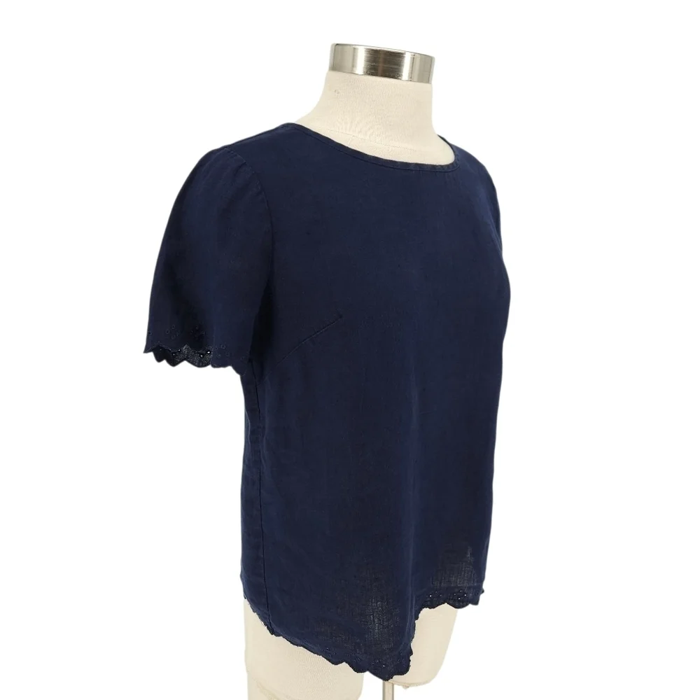J.CREW Shirt Linen Navy Blue Scalloped Eyelet Tulip Back Short Sleeve Top 0